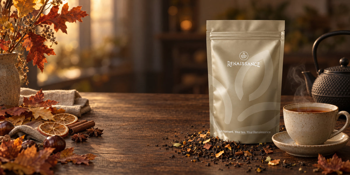 Sachet de thé Renaissance, tasse de thé fumante et décor d'automne sur une table en bois